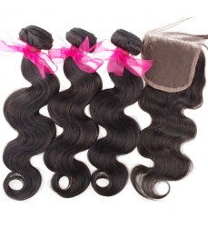 DHL Free Shipping Body Wave Hair Weaves with Free Part 4x4 Lace Closure